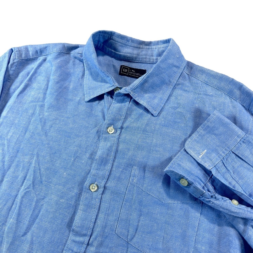 GAP Button Down Shirt Mens L Tall Blue Casual Linen Cotton Long Sleeve